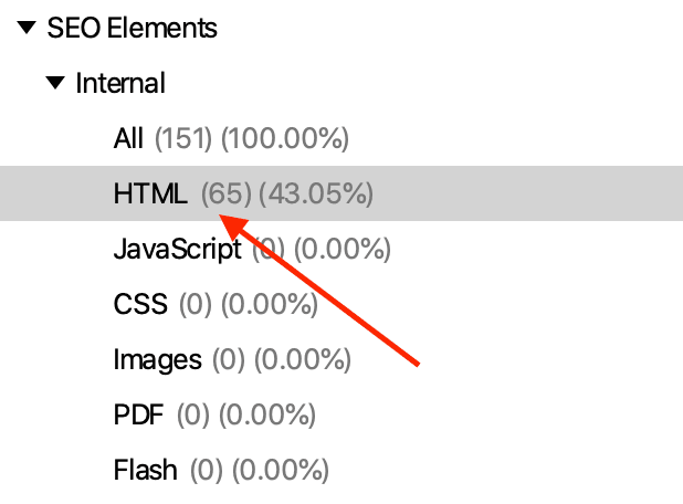 Screaming Frog Navigation Window Displaying Internal SEO Elements